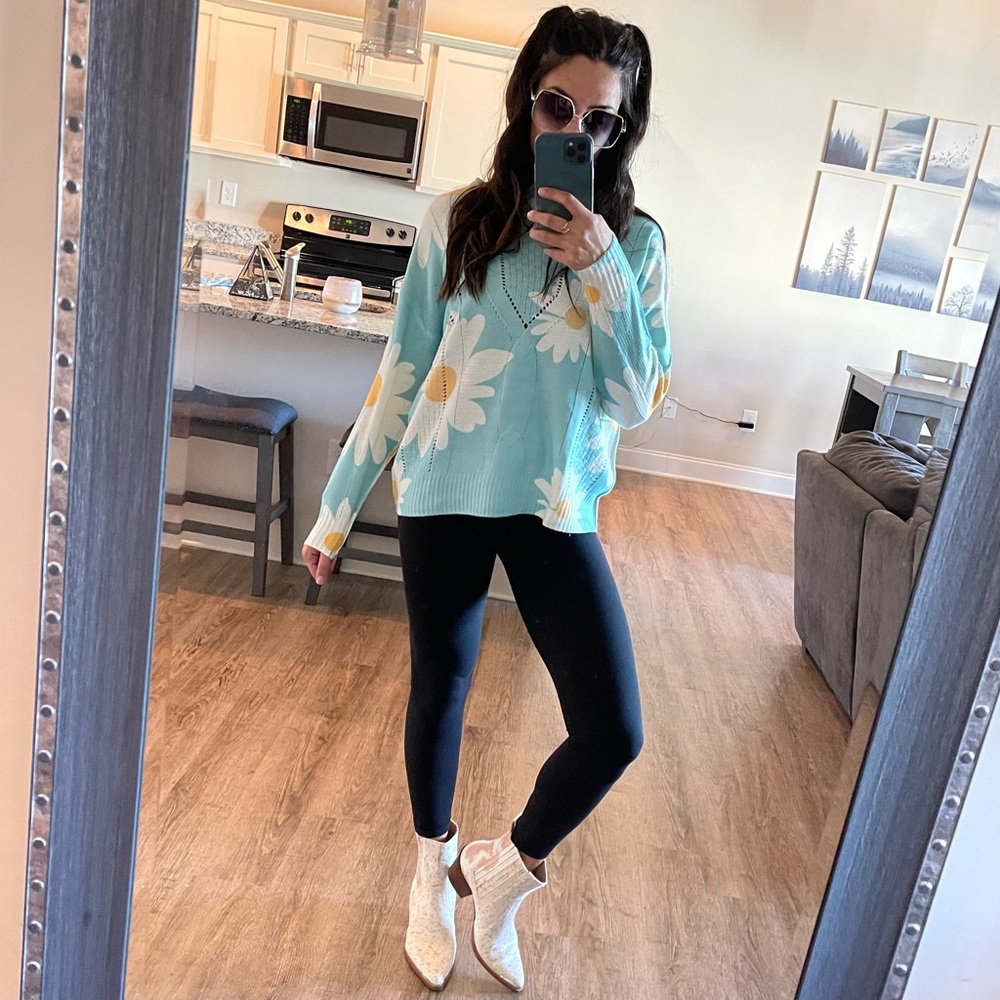 Daisy Girl Distressed Aqua Sweater